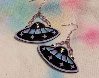 Y2K ALIEN SPACESHIP Hypoallergenic Earrings with iridescent, black, and pastel laser cut acrylic Statement Earrings