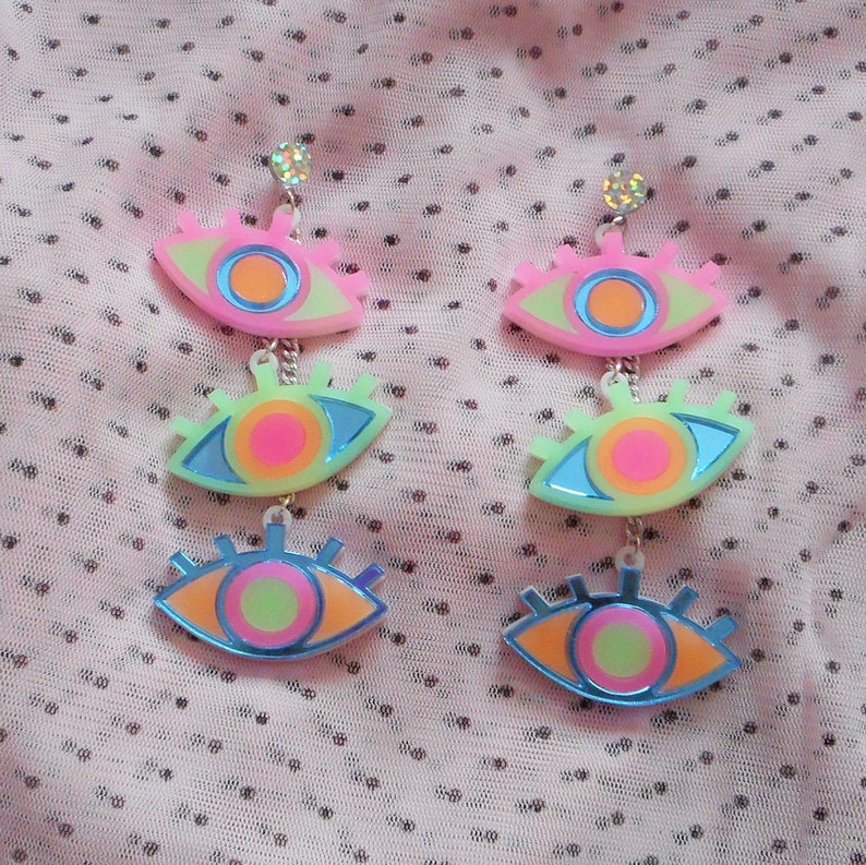 Colorful Neon Third Eye / Evil Eye Dangle Earrings with hypoallergenic Studs, Acrylic Earrings, Plastic Laser Cut Jewelry image 6