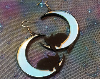Iridescent and Black Crescent Moon Kitten - Witchy Earrings with Silver Hypoallergenic Earring Hooks, acrylic statement earrings