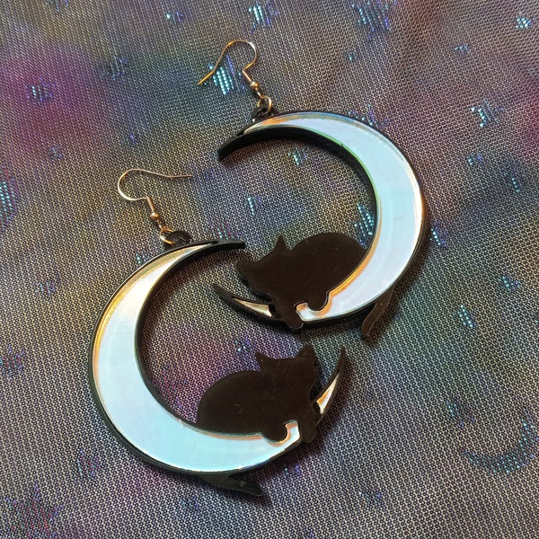 Iridescent and Black Crescent Moon Kitten - Witchy Earrings with Silver Hypoallergenic Earring Hooks, acrylic statement earrings