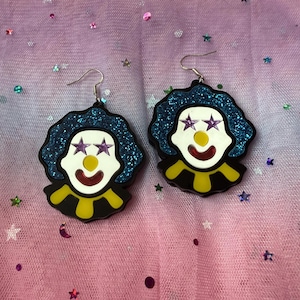 Colorful Circus Clown Acrylic Earrings: Glitter Blue Hair, Hypoallergenic Hooks