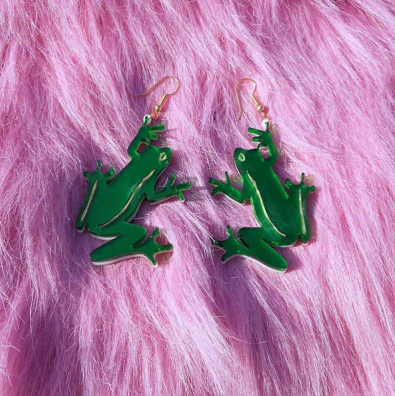 Multi-color FROG Earrings With Mirror Green and Gold Acrylic Plastic Laser Cut Earrings with Gold Hypoallergenic Earring Hooks / Ear Wire image 9