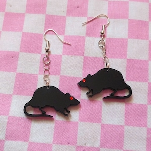 Black or White RAT Acrylic Earrings with Red Rhinestone Eyes -- Attached to Chain and Hypoallergenic Earring Hooks or Posts