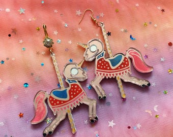 Rose Gold Unicorn Carousel Earrings, Laser Cut Acrylic Jewelry