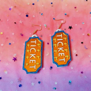 Circus Ticket Acrylic Earrings: Glitter Blue Border, Gold Hooks