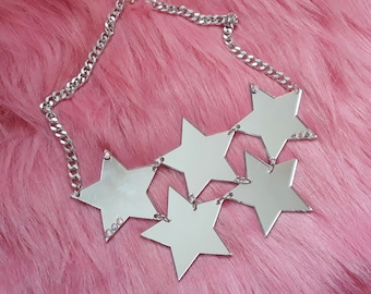 Silver Mirror Star Statement Connector Necklace with Silver Chain + Extender, Laser Cut Acrylic, Plastic Earrings, Plastic Jewelry