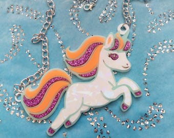 Shiny Unicorn Pony Pastel Statement Necklace Acrylic