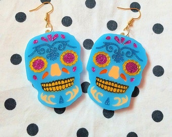 Colorful Day of The Dead Skull Earrings with Blue and Colorful Glitter acrylic Details, baby goth, pastel goth lasercut jewelry