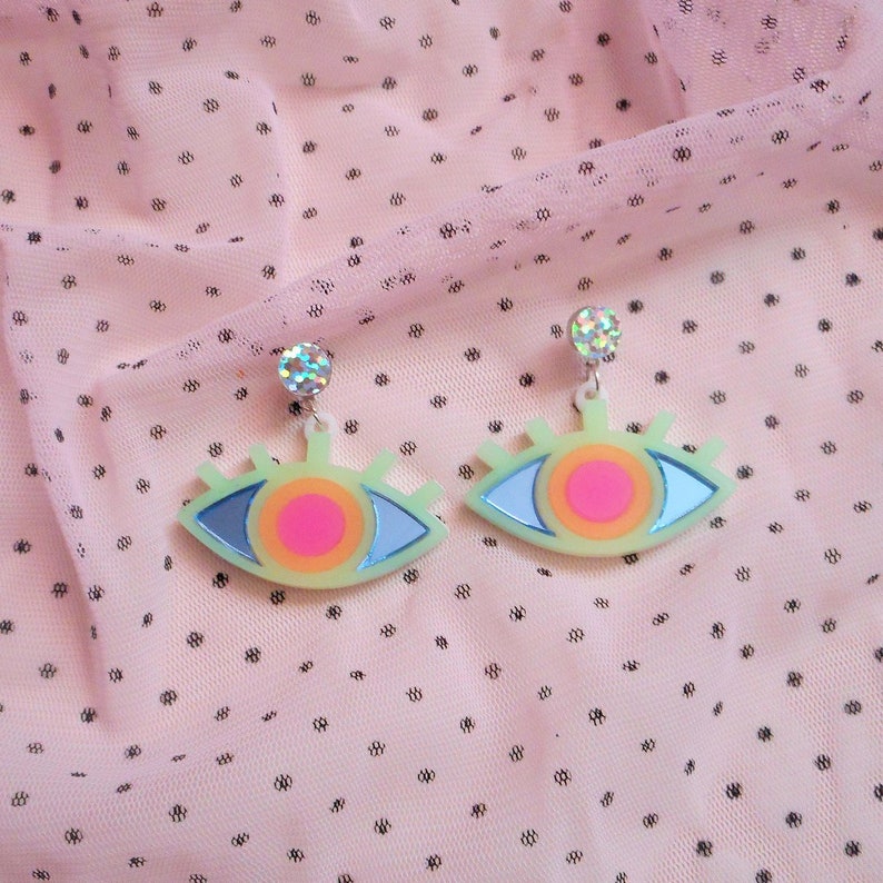 Colorful Neon Evil Eye Stud Earrings, Acrylic Earrings, Plastic Laser Cut Jewelry, Hypoallergenic image 9