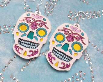 Colorful Day of The Dead Skull Earrings with Glitter White, Teal, Yellow, blue, and Glittery Purple acrylic, baby goth, pastel goth jewelry