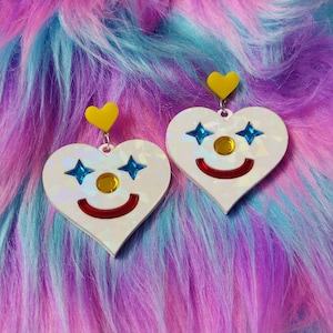 Laser Cut Acrylic Heart Clown Earrings: Hypoallergenic Costume Jewelry