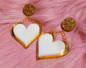 Cute Glittery, Mirror Gold, and White Heart Chain Statement Earrings, Available with earring post, earring hook, or clip-ons