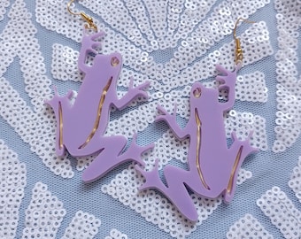 Lilac Frog Earrings: Gold Details, Acrylic, Hypoallergenic Hooks