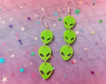 Neon Green Alien Connector Earrings With Hypoallergenic Hooks