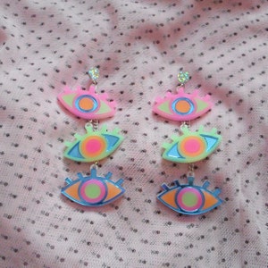 Colorful Neon Third Eye / Evil Eye Dangle Earrings with hypoallergenic Studs, Acrylic Earrings, Plastic Laser Cut Jewelry image 7