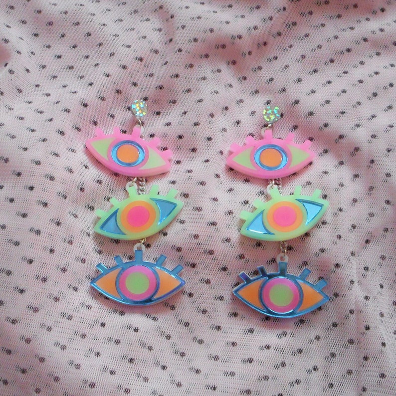 Colorful Neon Third Eye / Evil Eye Dangle Earrings with hypoallergenic Studs, Acrylic Earrings, Plastic Laser Cut Jewelry image 7