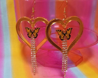 Pretty Butterfly & Rhinestone Heart Dangle Earrings with Hypoallergenic Earring Hooks, Posts, or Clip-Ons