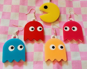 Arcade Colorful Gamer Ghosts Pac Man Acrylic Earrings with Hypoallergenic Earring Hooks, Ear Posts, or Clip-ons, Plastic Jewelry