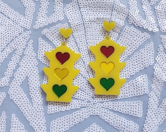 Traffic Light Heart Acrylic Earrings: Rhinestone Hooks, Laser Cut Jewelry