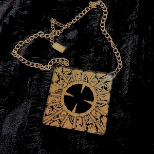 Mirror Gold and Black Hellraiser Hell Box, Jigsaw Puzzle Horror Necklace with Gold Tone Chain and Extender Laser Cut Acrylic,