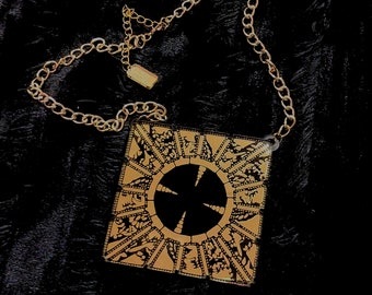 Mirror Gold and Black Hellraiser Hell Box, Jigsaw Puzzle Horror Necklace with Gold Tone Chain and Extender Laser Cut Acrylic,