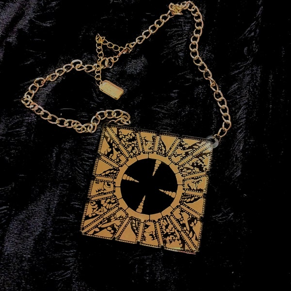 Mirror Gold and Black Hellraiser Hell Box, Jigsaw Puzzle Horror Necklace with Gold Tone Chain and Extender Laser Cut Acrylic,