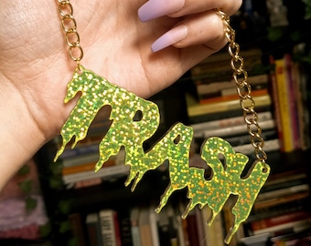 Glittery Lime Green TRASH Necklace: Drippy Acrylic Word Pendant