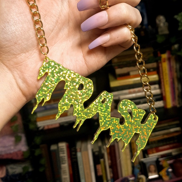 Glittery Lime Green Drippy TRASH Monogram / Nameplate Necklace with Silver Chain +3" Extender // Plastic jewelry // Acrylic - Lasercut