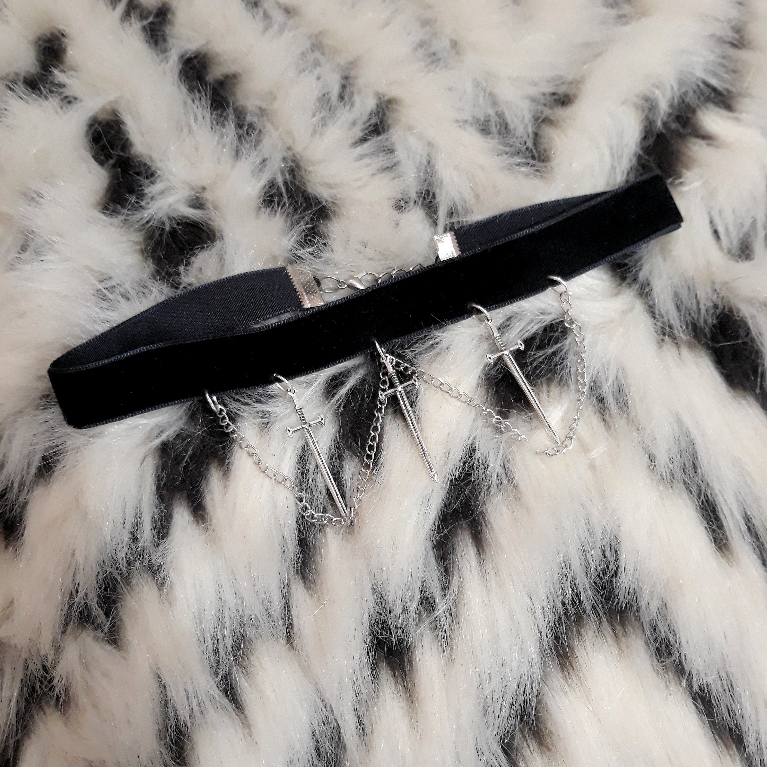 Black Velvet Sword and Chain Adjustable Goth Choker Necklace | Etsy