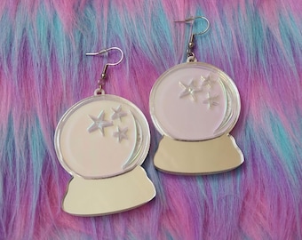 Iridescent Crystal Ball Earrings: Mirrored Holographic Acrylic, Hypoallergenic