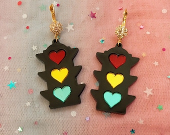 Colorful Acrylic Black Traffic Light Heart Earrings: Laser Cut Jewelry