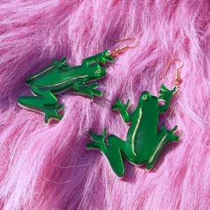 Multi-color FROG Earrings With Mirror Green and Gold Acrylic Plastic Laser Cut Earrings with Gold Hypoallergenic Earring Hooks / Ear Wire image 8