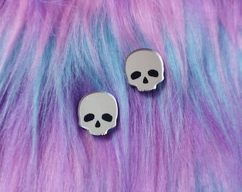 Gothic Skull Stud Earrings: Laser Cut Mirror Silver Acrylic Jewelry