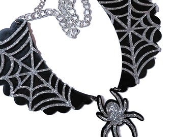 Halloween Spider Web Scalloped Acrylic Collar Necklace with Spider Charm // Laser cut Acrylic Jewelry