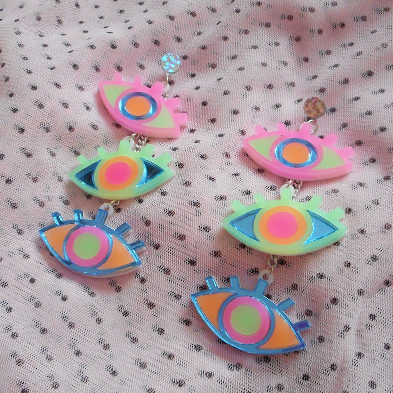 Colorful Neon Third Eye / Evil Eye Dangle Earrings with hypoallergenic Studs, Acrylic Earrings, Plastic Laser Cut Jewelry image 4