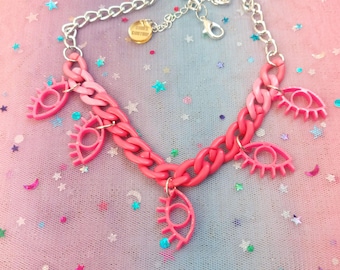 Hot Pink Colorful Evil Eye Charm Adjustable Multicolor Chain Necklace