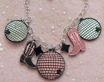 Disco and Cowboy Boot Pink Pony Club Necklace - Laser cut Acrylic