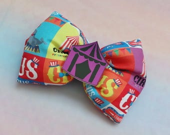 Circus Print Hair Bow with French Style Barrette, Tassels, and Circus Tent Charm