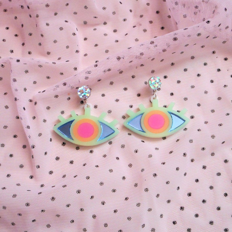 Colorful Neon Evil Eye Stud Earrings, Acrylic Earrings, Plastic Laser Cut Jewelry, Hypoallergenic image 5