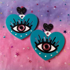 Heart and Eye Unique Statement Acrylic Earrings -- Pink and Black Laser Cut / Plastic Earrings with Earring Hooks // Ear Wire