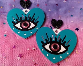Colorful Evil Eye Heart Earrings: Laser Cut Acrylic Costume Jewelry