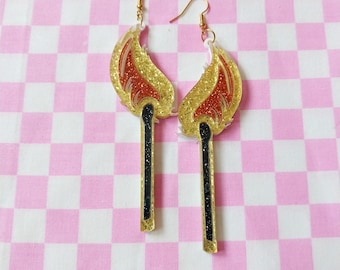 Extra Glitter Lit Match, Matchstick, Flame, Match Acrylic Hypoallergenic Earrings with Gold Tone Earring Posts, Hooks, or Clip-ons