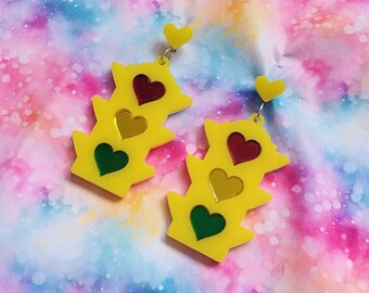 Traffic Light Heart Acrylic Earrings: Rhinestone Hooks, Laser Cut Jewelry
