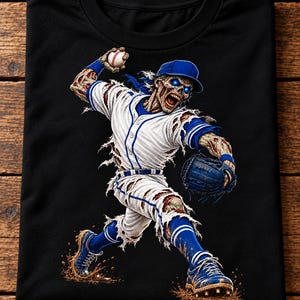 May include: A black t-shirt featuring a graphic of a zombie baseball player in a tattered white and blue uniform. The zombie has glowing blue eyes, wears a blue cap, and is captured in a pitching motion while holding a baseball and a blue glove.