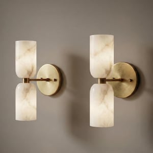 Alabaster Marble Brass Wall Sconce Double Cylinder Handmade Brass Fixture Mid Century Modern Alabaster Lamp  Handcrafted Lighting Fixture