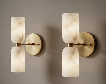 Alabaster Marble Brass Wall Sconce Double Cylinder Handmade Brass Fixture Mid Century Modern Alabaster Lamp  Handcrafted Lighting Fixture