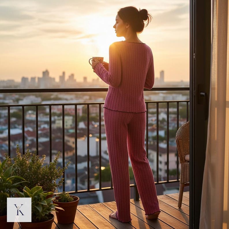 Może przedstawiać: Osoba w r&oacute;żowym, prążkowanym zestawie piżamy, trzymająca kubek, stoi na balkonie z widokiem na panoramę miasta o zachodzie słońca. Piżama ma czarne wykończenia. Na balkonie widoczne są rośliny doniczkowe.