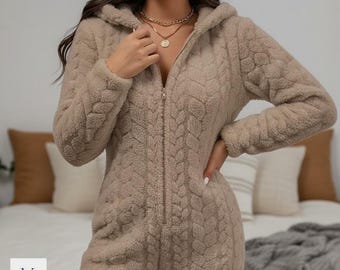 Women's Textured Plush Onesie - Cable Knit Style Fleece Jumpsuit - Soft Hooded Pajama - Warm Sleepwear - Cozy Loungewear Gift for Her