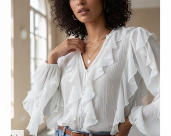 Wiktoriańska biała bluzka z falbanką, elegancka koszula z długim rękawem, estetyczny top w stylu boho chic, romantyczna koszula z guzikami w stylu Fairycore, vintage'owy top imprezowy
