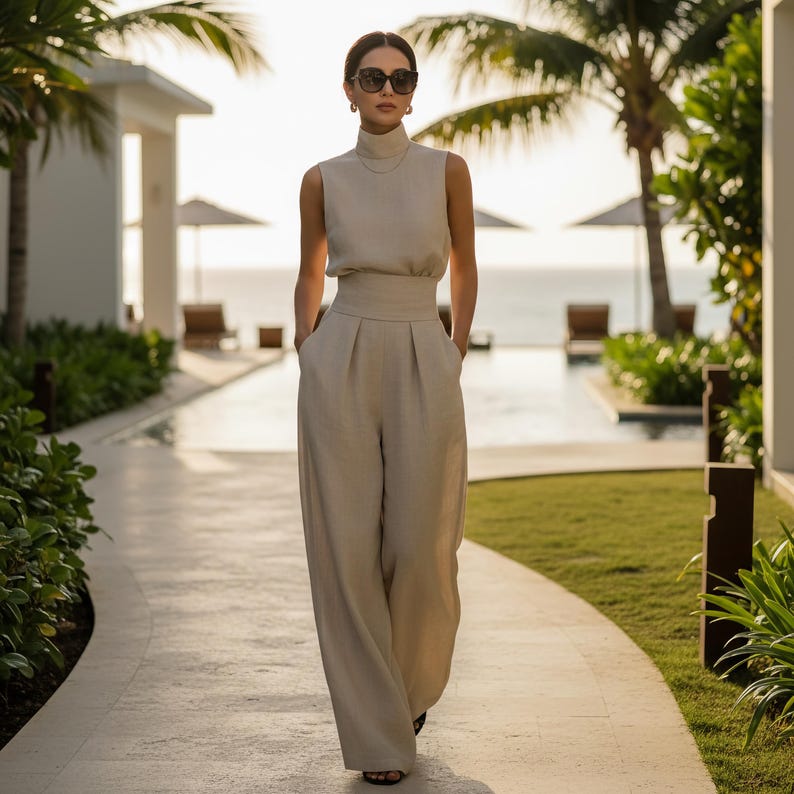 Peut inclure: Une combinaison sans manches beige dot&eacute;e d'un col montant, d'une large ceinture ajust&eacute;e et d'un pantalon pliss&eacute; &agrave; jambes larges. Le v&ecirc;tement est confectionn&eacute; dans un tissu uni de couleur claire et comprend des poches lat&eacute;rales discr&egrave;tes.